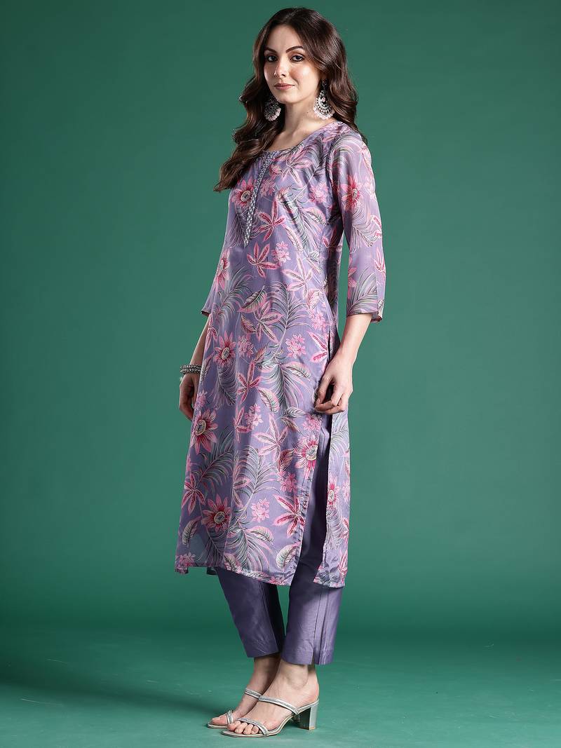 Lavender printed silk blend kurta trouser dupatta set
