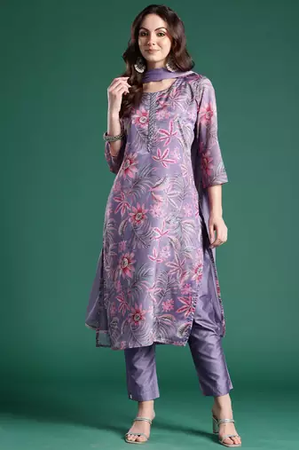 Lavender printed silk blend kurta trouser dupatta set
