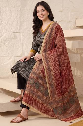 Black printed pure cotton kurta trouser dupatta set