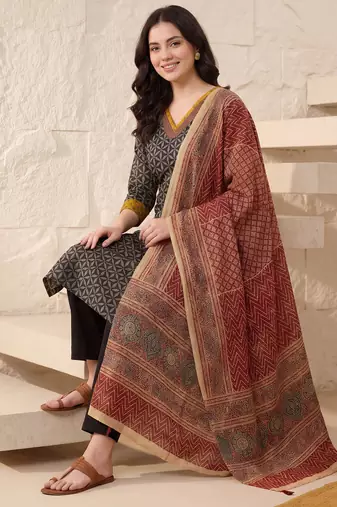 Black printed pure cotton kurta trouser dupatta set