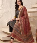 Black printed pure cotton kurta trouser dupatta set