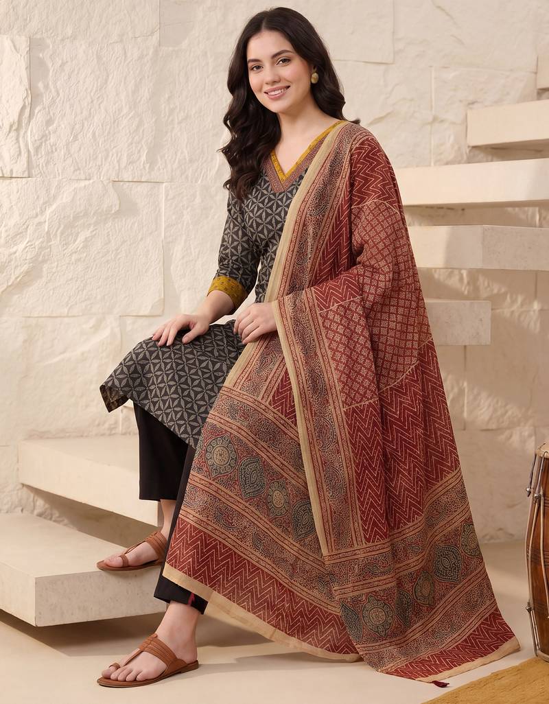Black printed pure cotton kurta trouser dupatta set