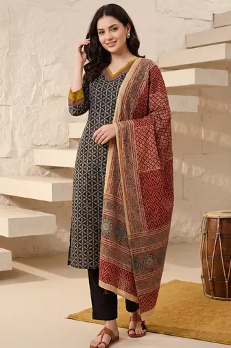 Black printed pure cotton kurta trouser dupatta set