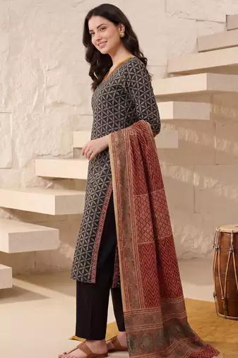 Black printed pure cotton kurta trouser dupatta set