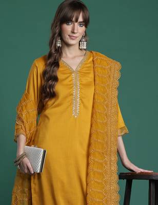 Mustard embroidered silk blend kurta trouser dupatta set 1