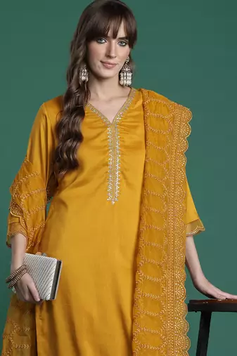 Mustard embroidered silk blend kurta trouser dupatta set