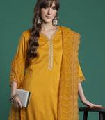 Mustard embroidered silk blend kurta trouser dupatta set