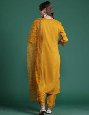 Mustard embroidered silk blend kurta trouser dupatta set 2