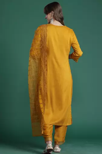Mustard embroidered silk blend kurta trouser dupatta set