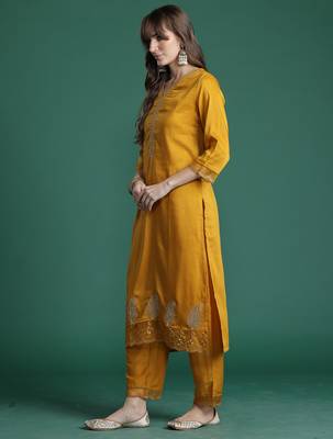 Mustard embroidered silk blend kurta trouser dupatta set 3