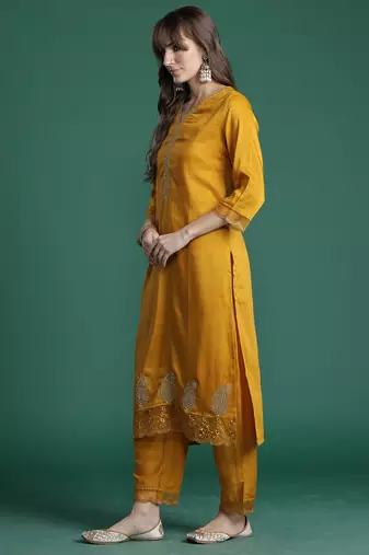 Mustard embroidered silk blend kurta trouser dupatta set