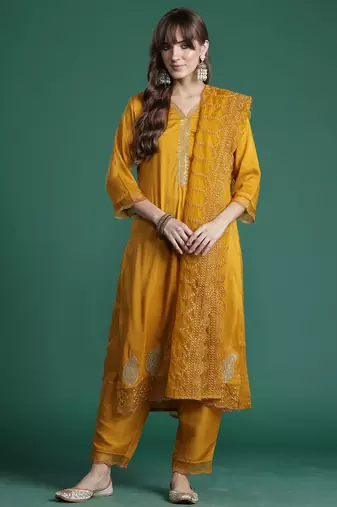 Mustard embroidered silk blend kurta trouser dupatta set
