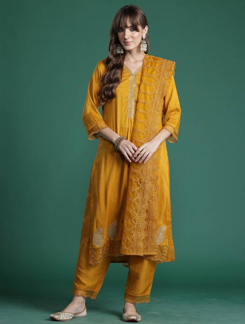 Mustard embroidered silk blend kurta trouser dupatta set