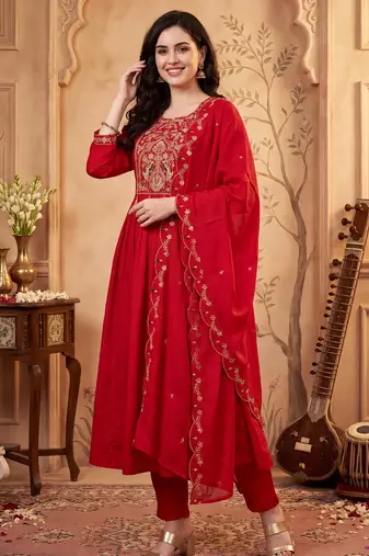 Red embroidered silk blend kurta trouser dupatta set