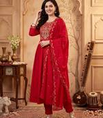 Red embroidered silk blend kurta trouser dupatta set