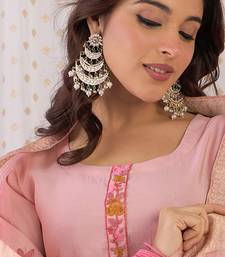 Peach embroidered silk blend kurta trouser dupatta set