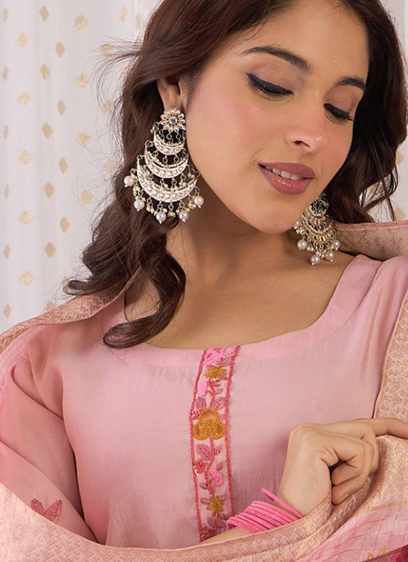 Peach embroidered silk blend kurta trouser dupatta set