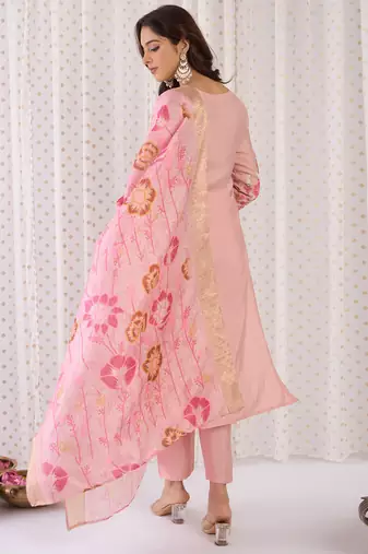 Peach embroidered silk blend kurta trouser dupatta set