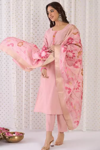 Peach embroidered silk blend kurta trouser dupatta set