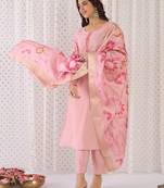 Peach embroidered silk blend kurta trouser dupatta set