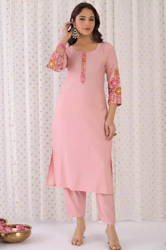 Peach embroidered silk blend kurta trouser dupatta set