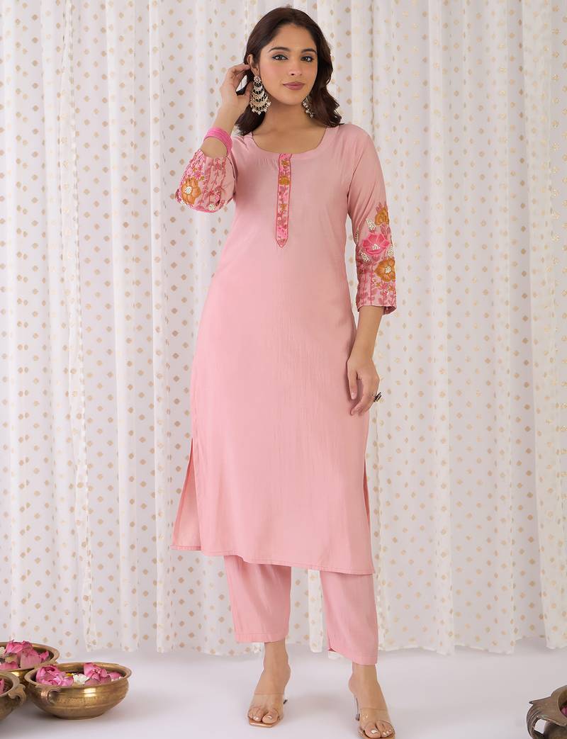 Peach embroidered silk blend kurta trouser dupatta set