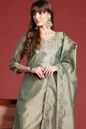 Green embroidered liva kurta trouser dupatta set