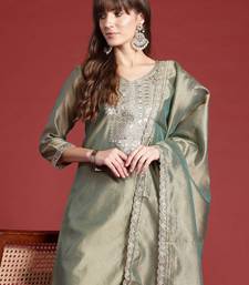 Green embroidered liva kurta trouser dupatta set
