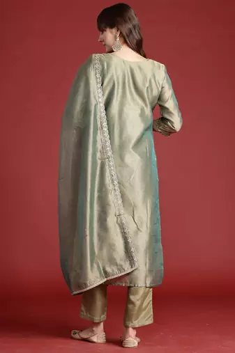 Green embroidered liva kurta trouser dupatta set