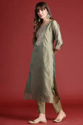 Green embroidered liva kurta trouser dupatta set