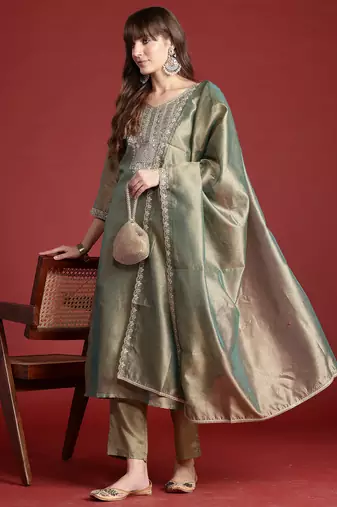 Green embroidered liva kurta trouser dupatta set