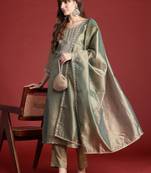 Green embroidered liva kurta trouser dupatta set
