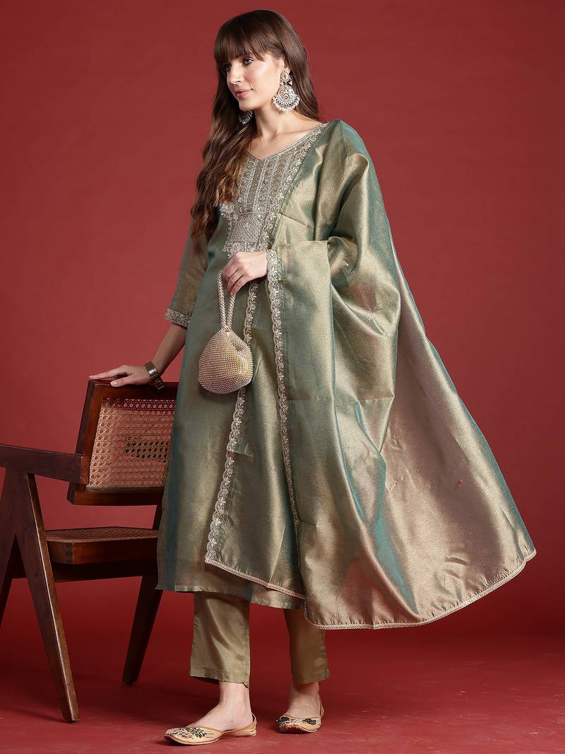 Green embroidered liva kurta trouser dupatta set