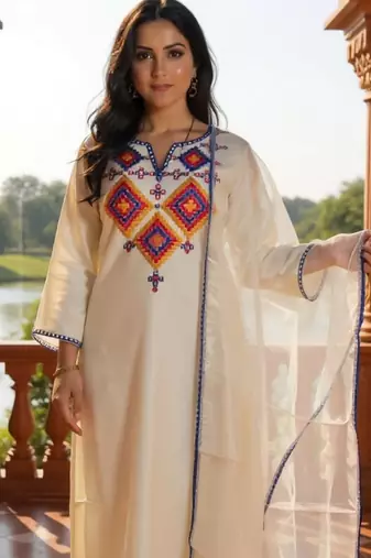 Off white embroidered liva kurta trouser dupatta set
