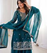 Teal blue soft crunchy silk blend sharara suit set