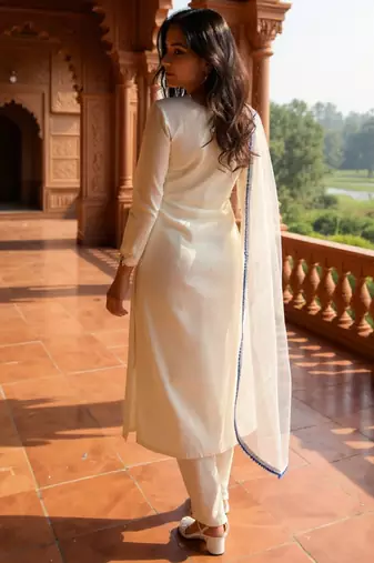 Off white embroidered liva kurta trouser dupatta set