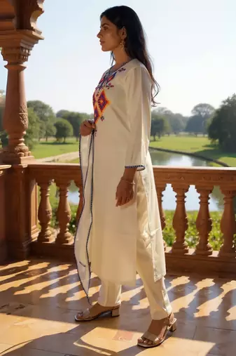Off white embroidered liva kurta trouser dupatta set