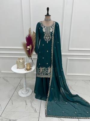 Teal blue soft crunchy silk blend sharara suit set 3