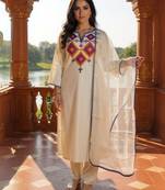 Off white embroidered liva kurta trouser dupatta set