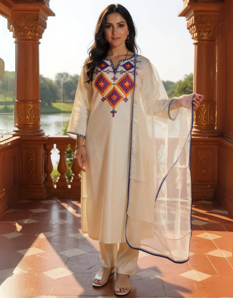 Off white embroidered liva kurta trouser dupatta set