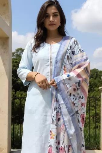 Blue self design cotton blend kurta trouser dupatta set
