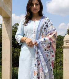 Blue self design cotton blend kurta trouser dupatta set