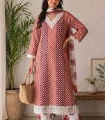 Peach printed rayon cotton suit set with lace work