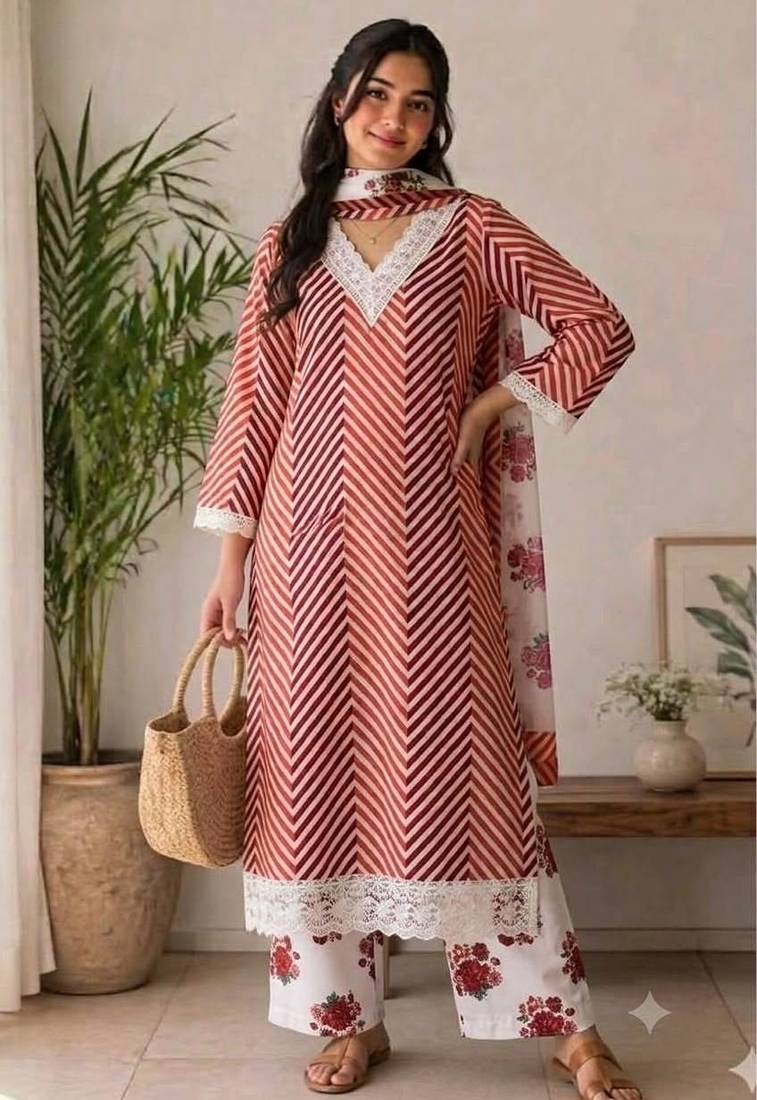 Peach printed rayon cotton suit set with lace work