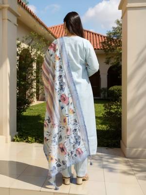 Blue self design cotton blend kurta trouser dupatta set 3