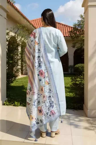 Blue self design cotton blend kurta trouser dupatta set