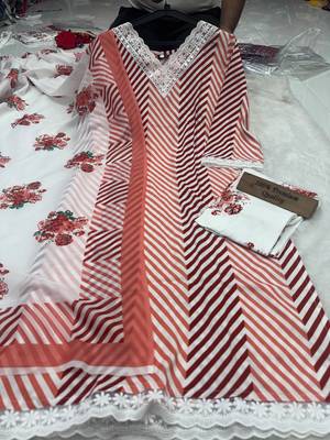 Peach printed rayon cotton suit set with lace work 2