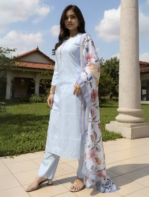 Blue self design cotton blend kurta trouser dupatta set 4
