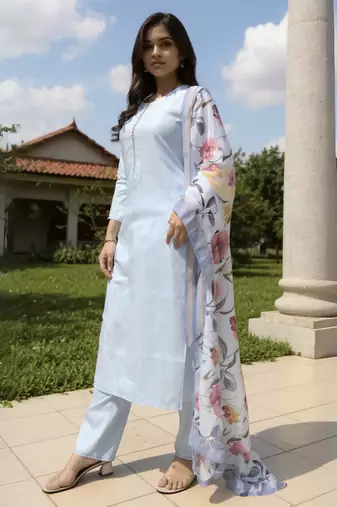 Blue self design cotton blend kurta trouser dupatta set