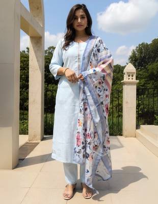 Blue self design cotton blend kurta trouser dupatta set 1